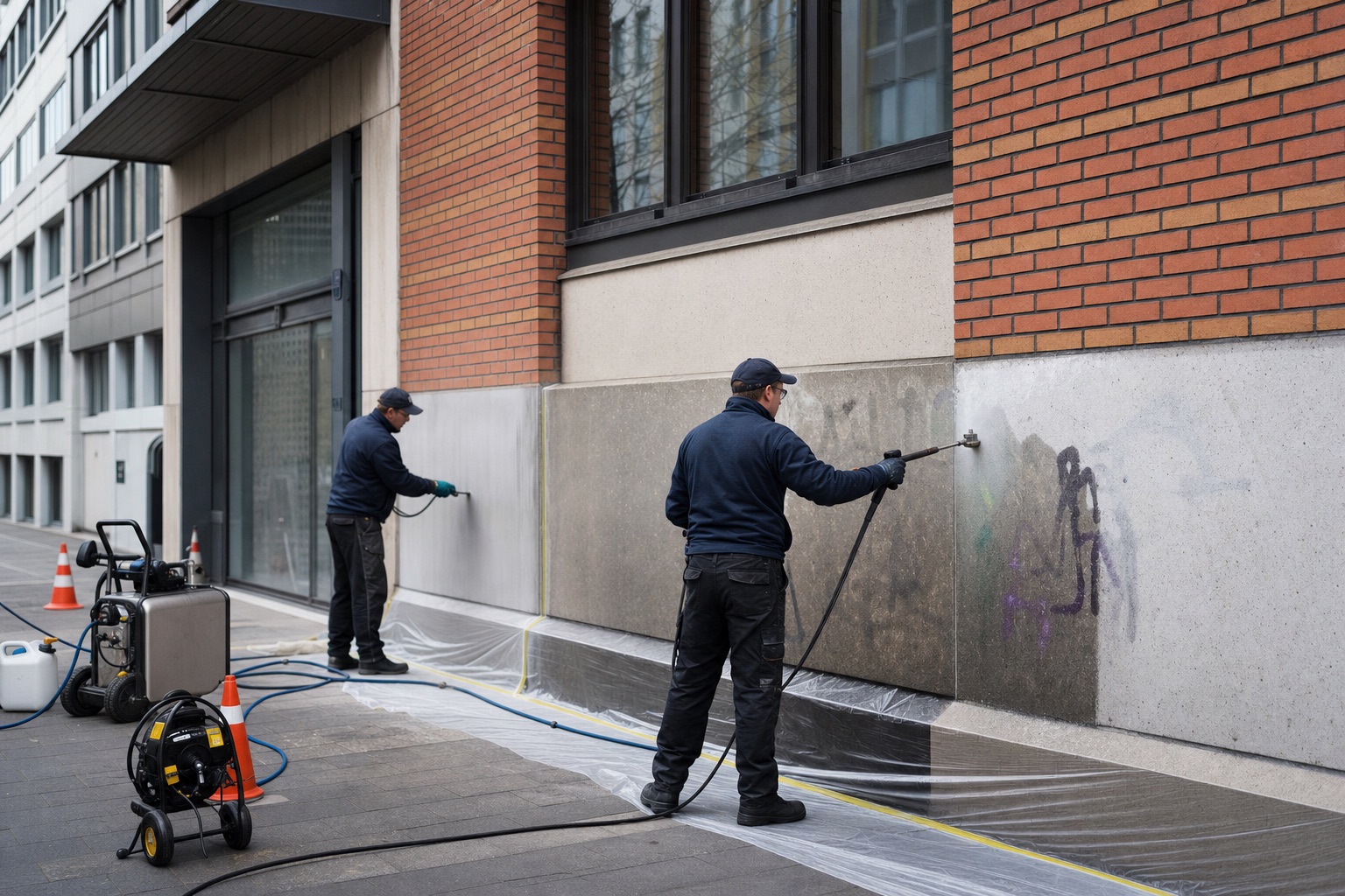 Fachkräfte entfernen Graffiti an einer gewerblichen Fassade mit abgedecktem Arbeitsbereich