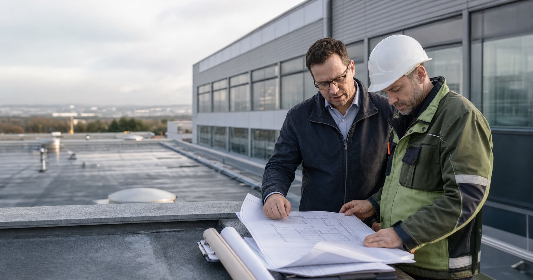 Bauverantwortlicher und Fachkraft prüfen ein gewerbliches Flachdach anhand eines Projektplans