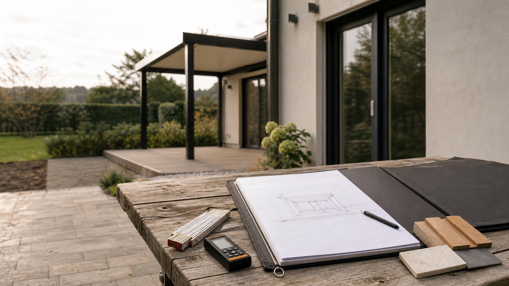 Skizze, Messwerkzeug und Materialproben an einer Pergola als Vorbereitung einer Handwerkeranfrage