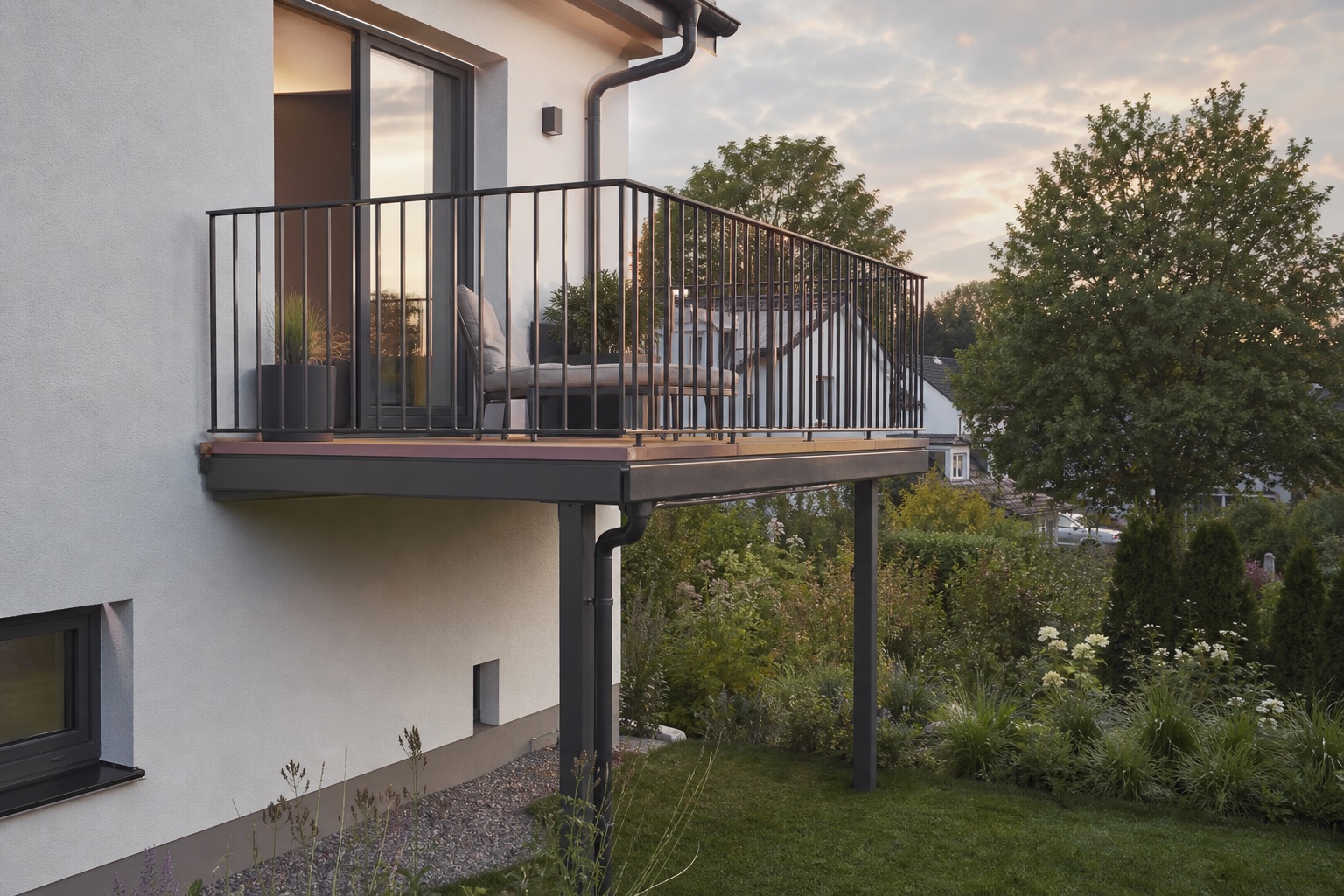 Vorstellbalkon mit Stahlstützen, Betonplatten und Metallgeländer am Wohnhaus – zeigt Konstruktion und Fassadenanschluss.