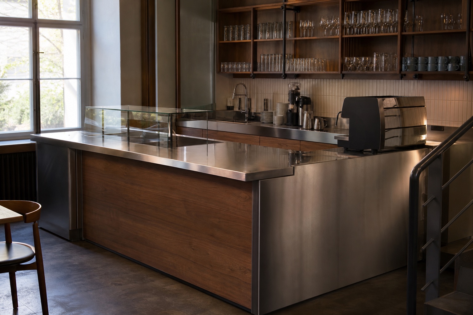 Maßgefertigte Cafétheke aus Edelstahl und Holz mit professioneller Arbeitszeile