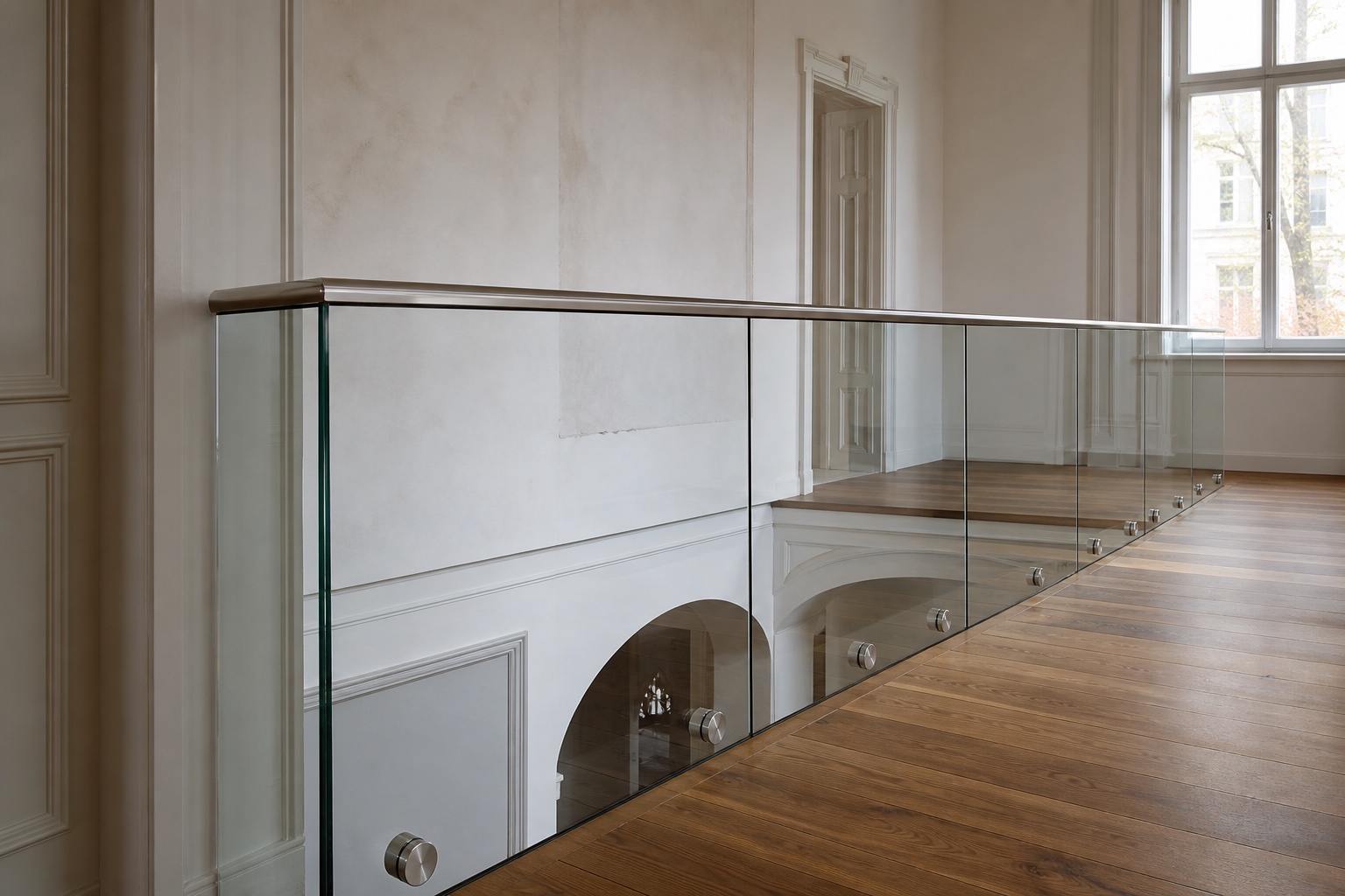 Transparentes Glasgeländer mit Edelstahl-Handlauf und seitlicher Befestigung an einer modernen Dachterrasse.