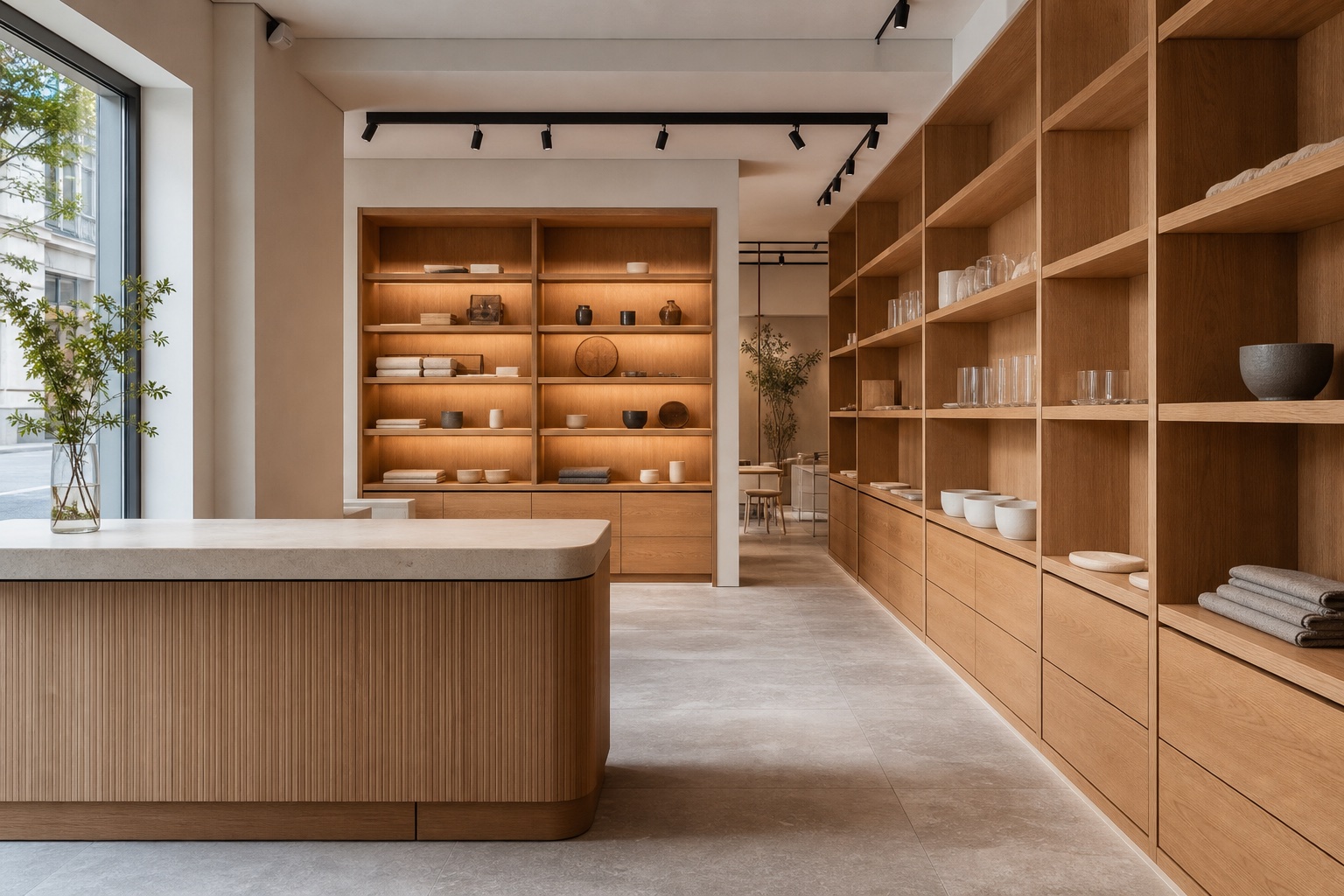 Maßgefertigte Präsentationsmöbel und Empfangstheke in einem ruhigen Showroom