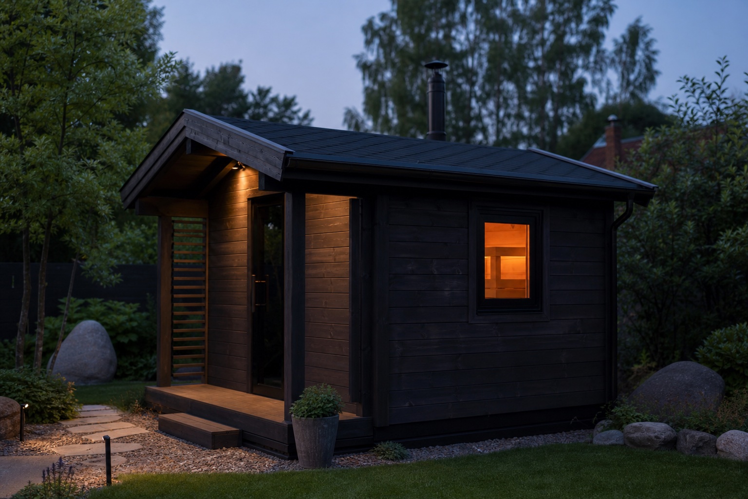 Kompaktes Saunahaus mit dunkler Holzfassade und warmem Fensterlicht im Garten