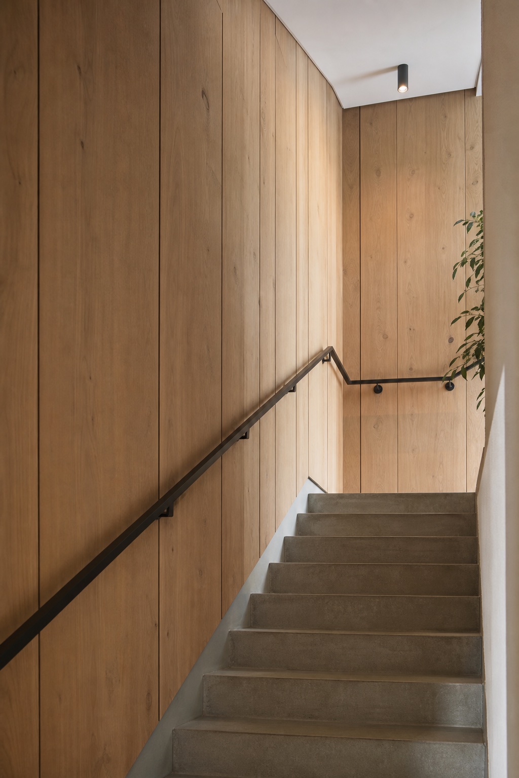 Treppenhaus mit warmen Holzpaneelen, dunklem Handlauf und präzisen Schattenfugen